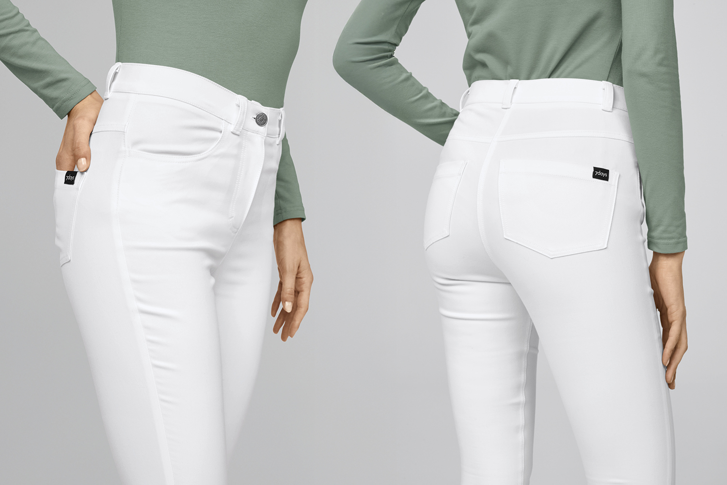 seitlicher Blick udn Blick von hinten auf eine weiße Stretchhose von 7days